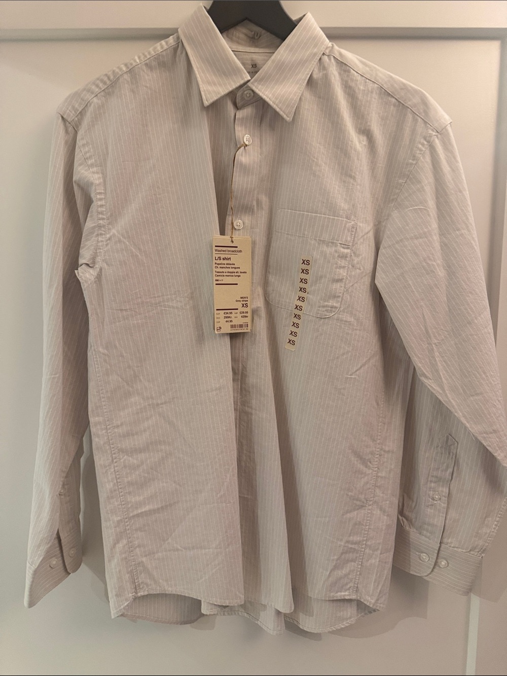 Muji Men's Slim Fit Light Beige Pinstripe Shirt long sleeve XS washed broadcloth
